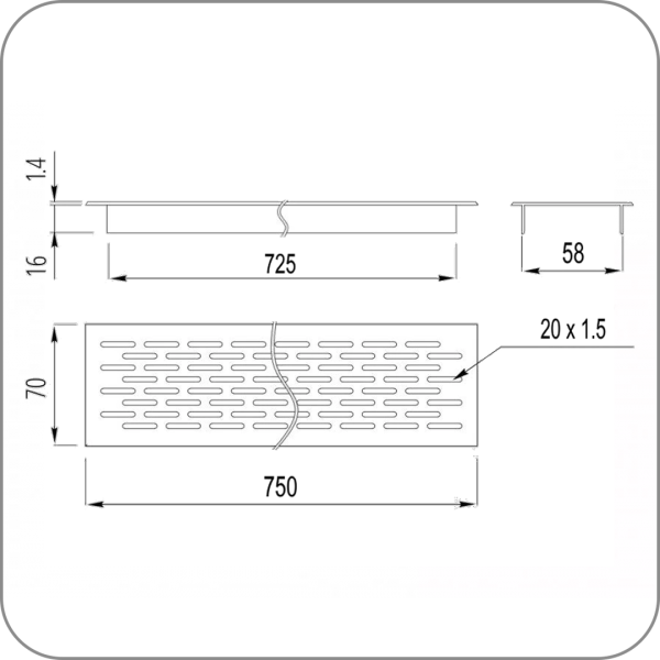 Вентиляционная решетка GTV, алюминиевая, удлиненная (Алюминий, 70*750, арт. VG-70750-05)