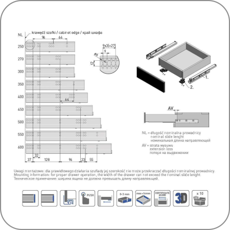 Направляющие GTV - Modern Slide, PUSH TO OPEN, скрытого монтажа, полного выдвижения